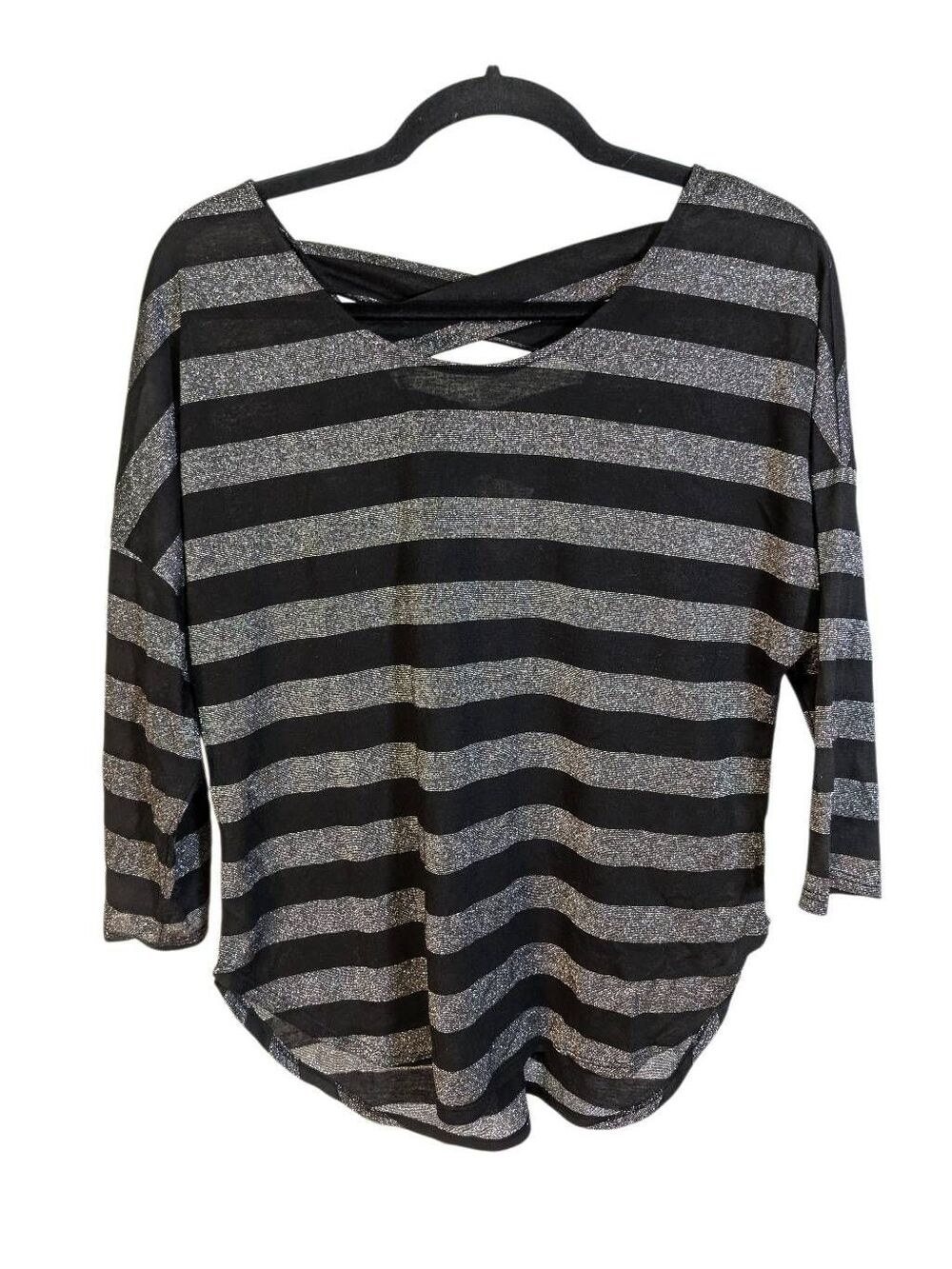 New York & Company Black and Silver metallic striped top with a criss-cross back